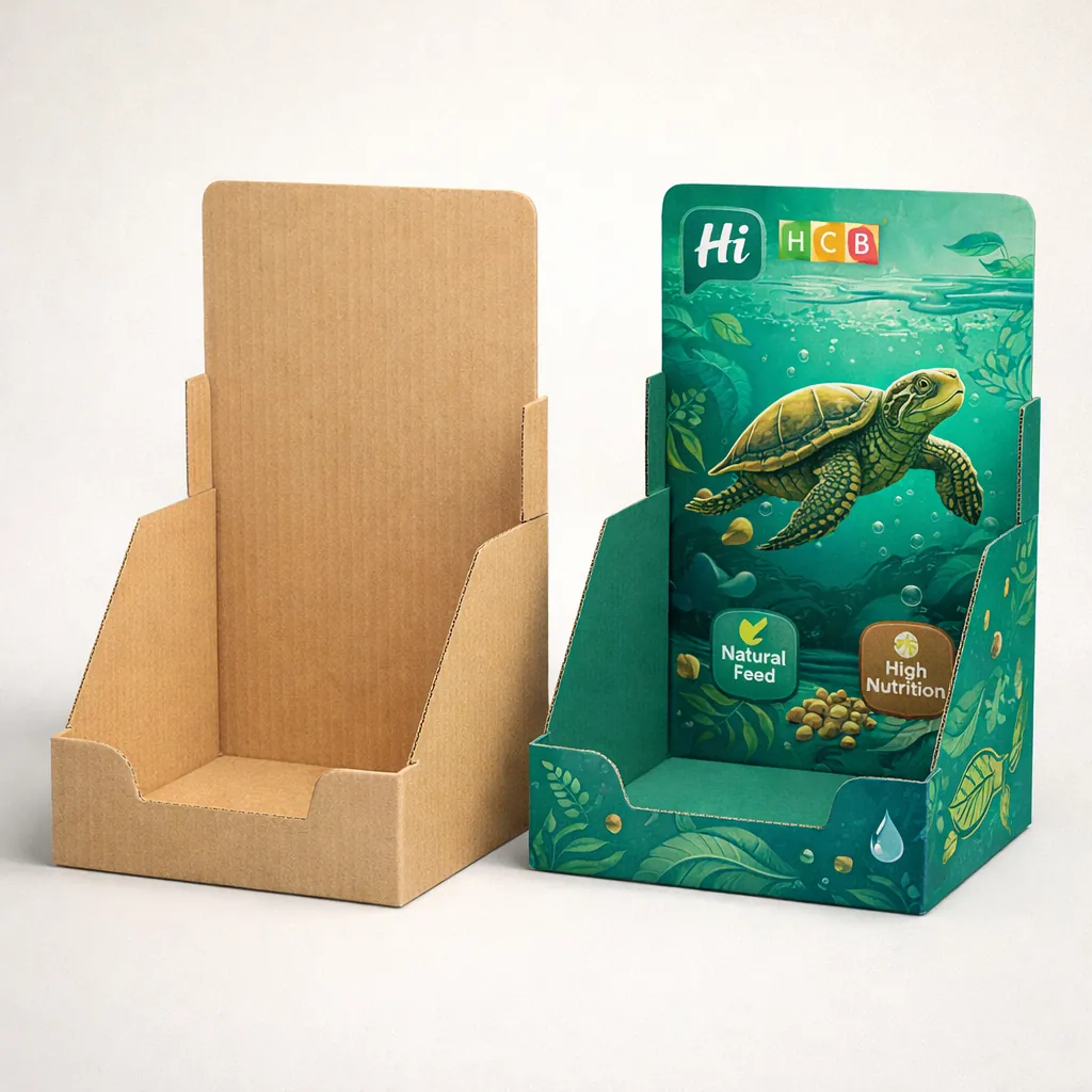 Two drawer-style slide boxes, one plain white and one featuring custom green turtle food designs. class=